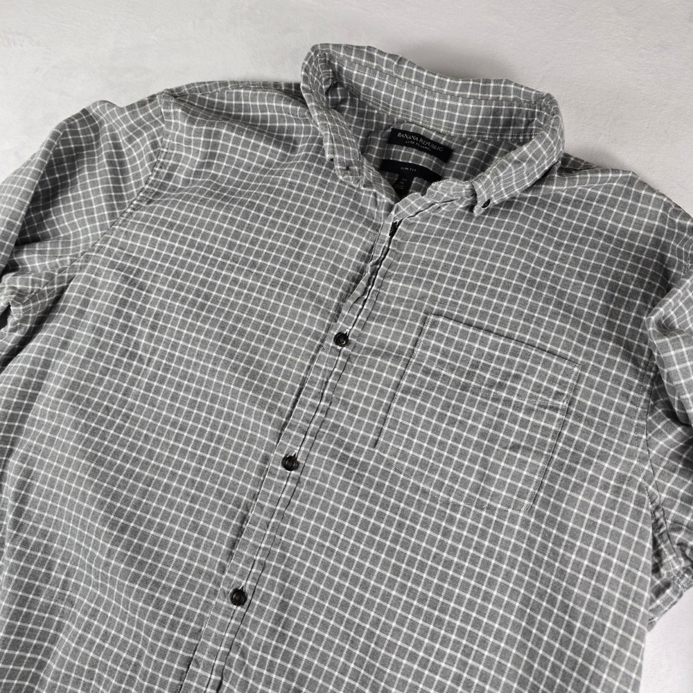 Banana‎ Republic Luxe Flannel Shirt Mens XL Tall Slim Fit Gray Grid Button Down